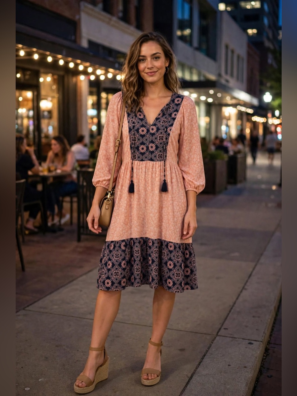 bobeau Peach & Navy Boho Floral Tiered Midi Peasant Dress